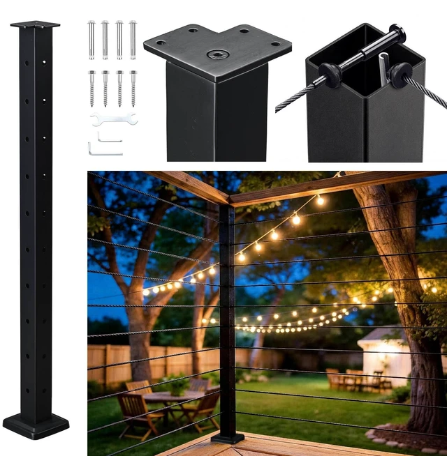 Main image of Yescom Black Cable Railing Corner Post 36 inch for Horizontal Deck Railing T-Drilled One-Post Corner Solution Surface Mount Flat Top Deck Post