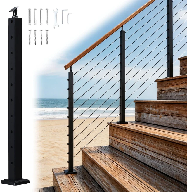 Main image of Yescom Black Stair Railing Indoor / Outdoor Stair Post 36 inch for Cable Railing System Pre-Drilled Surface Mount 25-35 Angle Adjustable Top Bracket