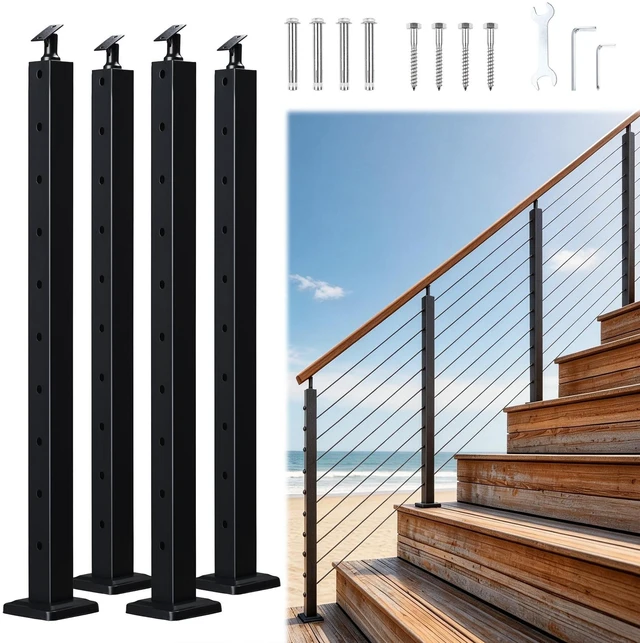 Main image of Yescom 4-pack Black Stair Railing Indoor / Outdoor Stair Post 36-inch for Cable Railing System Pre-Drilled Surface Mount Angle Adjustable Top Bracket