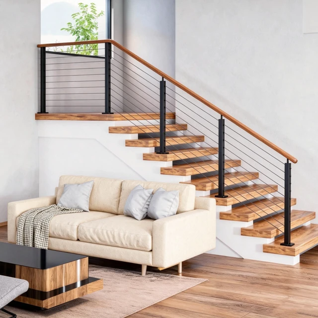 Alt view image 7 of 7 - Yescom 4-pack Black Stair Railing Indoor / Outdoor Stair Post 36-inch for Cable Railing System Pre-Drilled Surface Mount Angle Adjustable Top Bracket