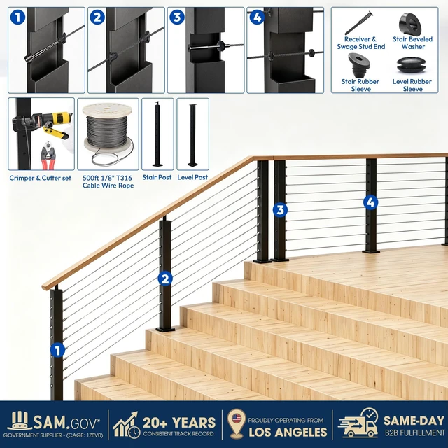 Alt view image 6 of 7 - Yescom 36" Cable Railing Post x8 Complete Set with 1/8" Silver Cable Wire Hardware Installation Tools for 25-35ft Horizontal Deck Railing
