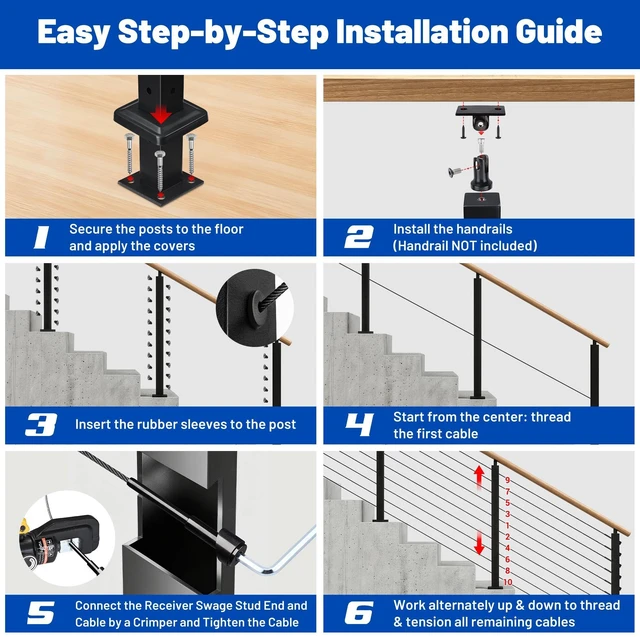 Alt view image 6 of 7 - Yescom 36" Black Stair Railing Indoor Outdoor Posts x6 Complete Set with 1/8" Cable Hardware Kit Installation Tools for 15-25ft Staircase