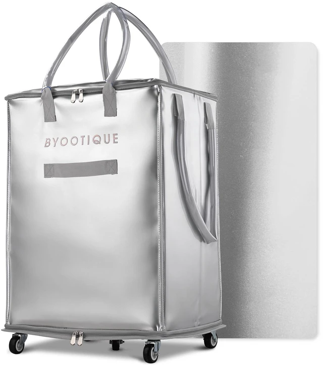 Main image of BYOOTIQUE 20" Rolling Shopping Bag Grocery Bag on 5 Wheels for Travel|66 Lbs Weight Capacity,Waterproof,PU Material,Reusable Shopping Trolley,Rolling Bag with Handle,for Laundry House Moving,Silver