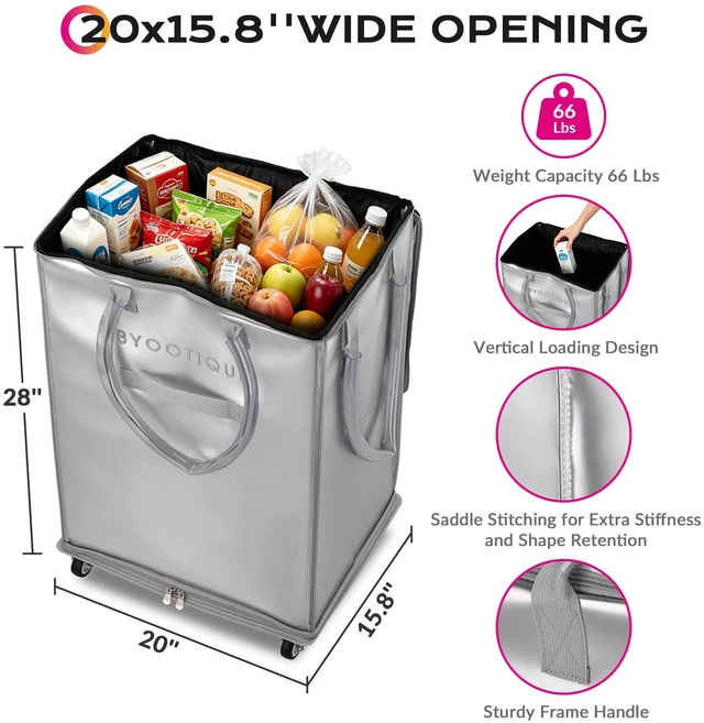 Alt view image 4 of 7 - BYOOTIQUE 20" Rolling Shopping Bag Grocery Bag on 5 Wheels for Travel|66 Lbs Weight Capacity,Waterproof,PU Material,Reusable Shopping Trolley,Rolling Bag with Handle,for Laundry House Moving,Silver