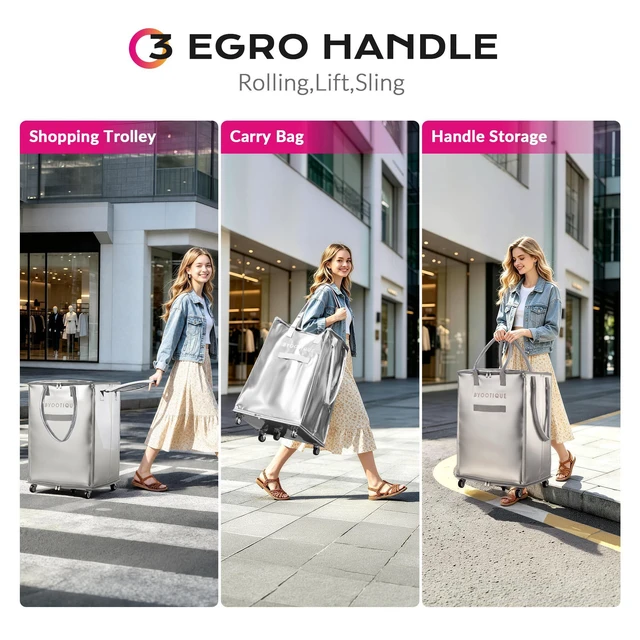 Alt view image 6 of 7 - BYOOTIQUE 20" Rolling Shopping Bag Grocery Bag on 5 Wheels for Travel|66 Lbs Weight Capacity,Waterproof,PU Material,Reusable Shopping Trolley,Rolling Bag with Handle,for Laundry House Moving,Silver