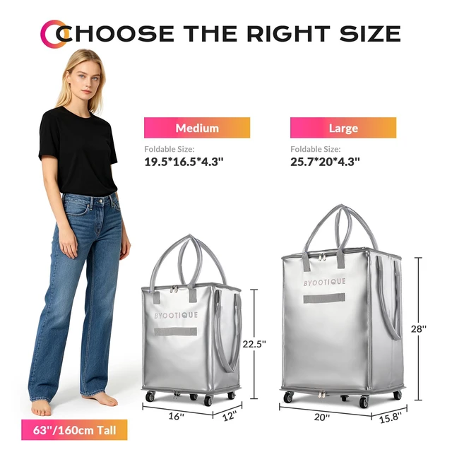 Alt view image 7 of 7 - BYOOTIQUE 20" Rolling Shopping Bag Grocery Bag on 5 Wheels for Travel|66 Lbs Weight Capacity,Waterproof,PU Material,Reusable Shopping Trolley,Rolling Bag with Handle,for Laundry House Moving,Silver