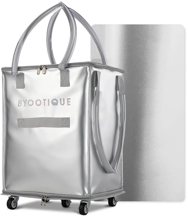 Main image of BYOOTIQUE 16" Rolling Tote Shopping Storage Grocery Bag on 5 Wheels 60L 66 Lbs Weight Capacity Seamless Waterproof PU for Laundry Event Silver