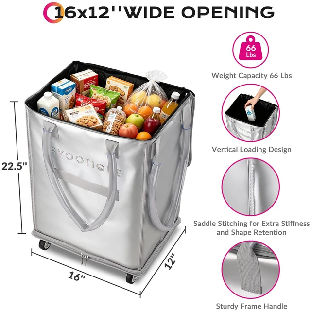 Alt view image 4 of 7 - BYOOTIQUE 16" Rolling Tote Shopping Storage Grocery Bag on 5 Wheels 60L 66 Lbs Weight Capacity Seamless Waterproof PU for Laundry Event Silver