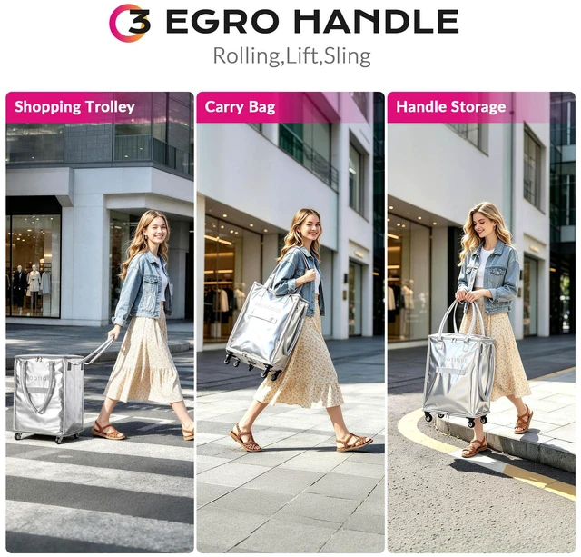 Alt view image 6 of 7 - BYOOTIQUE 16" Rolling Tote Shopping Storage Grocery Bag on 5 Wheels 60L 66 Lbs Weight Capacity Seamless Waterproof PU for Laundry Event Silver