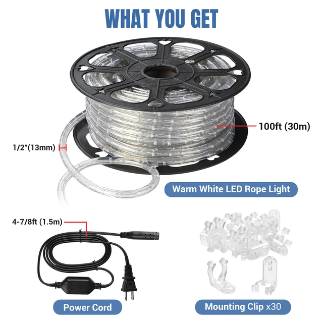 Alt view image 5 of 7 - Yescom LumeVine 3000K 100ft x 1/2" LED Rope Lights for Outside 1080 Warm White LEDs, 110-120V Plug-and-Play, IP65 Waterproof