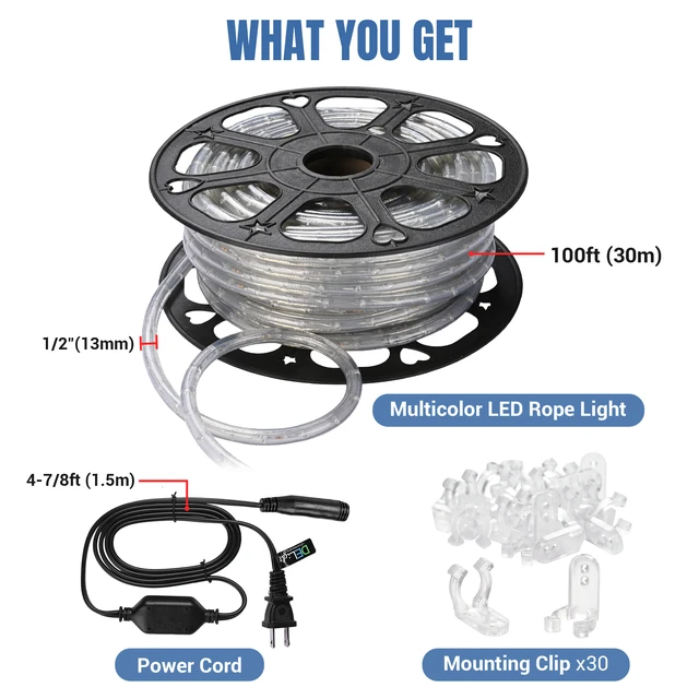 Alt view image 5 of 7 - Yescom LumeVine RGBY 100ft 1/2" LED Rope Lights for Outside 1080 Multicolor LEDs, 110-120V Plug-and-Play, IP65 Waterproof