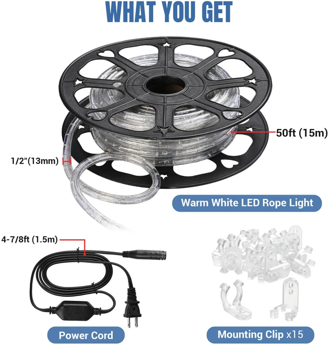 Alt view image 5 of 7 - Yescom LumeVine 3000K 50ft x 1/2" LED Rope Lights for Outside 540 Warm White LEDs, 110-120V Plug-and-Play, IP65 Waterproof