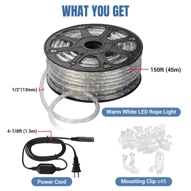 Alt view image 5 of 7 - Yescom LumeVine 3000K 150ft x 1/2" LED Rope Lights for Outside 1620 Warm White LEDs, 110-120V Plug-and-Play, IP65 Waterproof