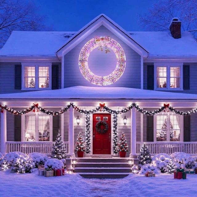 Alt view image 2 of 7 - Yescom 60 inch Commercial Outdoor Pre-Lit Christmas Wreath 4600 LED Lights for Gable & Window, 10lb Light Weight, Space-Saving Sectional Metal Frame