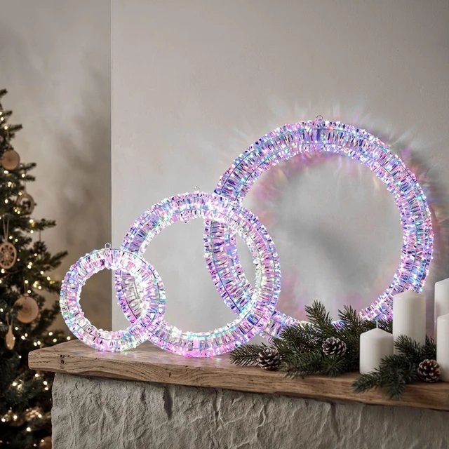 Main image of Yescom 3pc Pre-Lit Wreath Set 24/20/16in Iridescent Retro 1700 LED Lighted Holiday Decor for Front Door Mantel Wall, Stand-Mount & Hanging Compatible