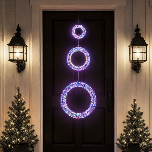 Alt view image 2 of 7 - Yescom 3pc Pre-Lit Wreath Set 24/20/16in Iridescent Retro 1700 LED Lighted Holiday Decor for Front Door Mantel Wall, Stand-Mount & Hanging Compatible