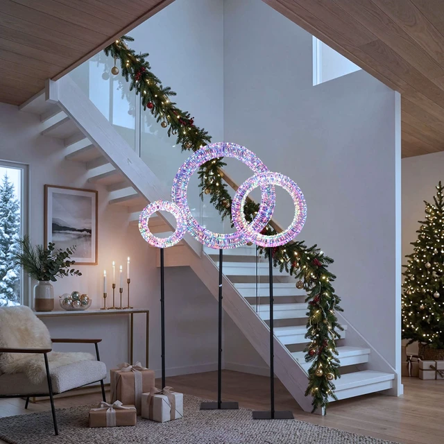 Alt view image 3 of 7 - Yescom 3pc Pre-Lit Wreath Set 24/20/16in Iridescent Retro 1700 LED Lighted Holiday Decor for Front Door Mantel Wall, Stand-Mount & Hanging Compatible