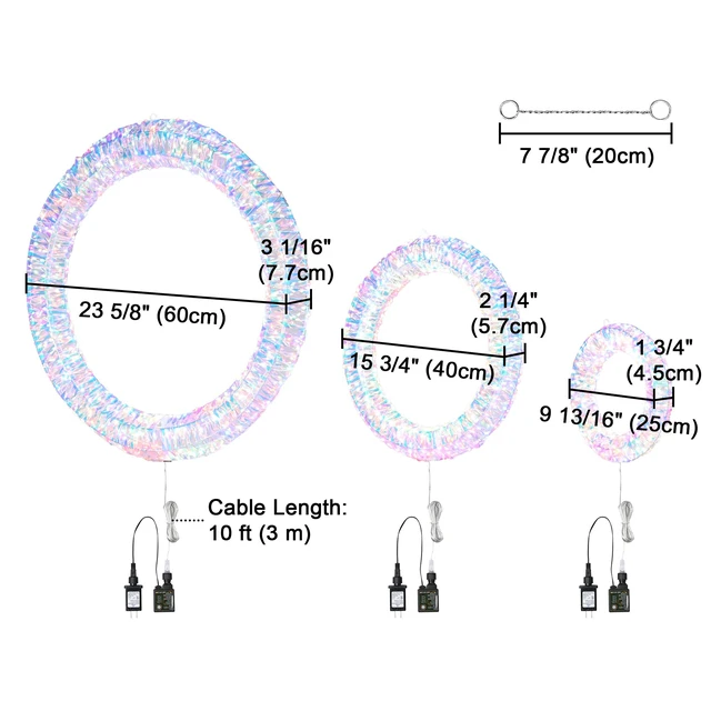 Alt view image 6 of 7 - Yescom 3pc Pre-Lit Wreath Set 24/20/16in Iridescent Retro 1700 LED Lighted Holiday Decor for Front Door Mantel Wall, Stand-Mount & Hanging Compatible