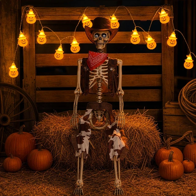 Main image of Yescom 5.6 Ft Life Size Cowboy Skeleton with Pumpkin String Lights Halloween Decoration 2026