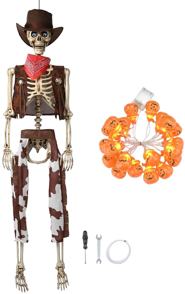 Alt view image 6 of 7 - Yescom 5.6 Ft Life Size Cowboy Skeleton with Pumpkin String Lights Halloween Decoration 2026