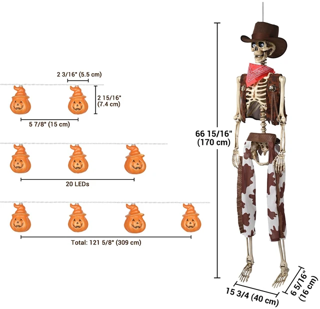 Alt view image 7 of 7 - Yescom 5.6 Ft Life Size Cowboy Skeleton with Pumpkin String Lights Halloween Decoration 2026