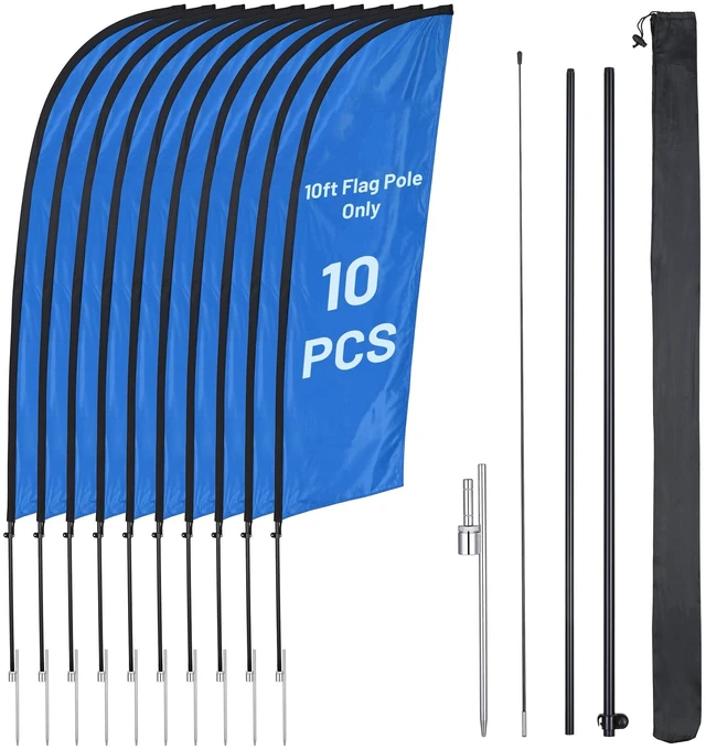 Main image of InstaHibit 10 Pack 10ft Feather Flag Pole Kit with 20" Ground Spike Flag Base