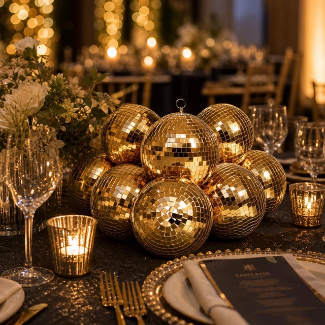 Alt view image 7 of 7 - Yescom 8 Pcs 7 Inch Champagne Gold Disco Ball Hanging Mirror Balls Wedding