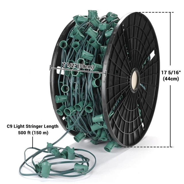Alt view image 5 of 7 - Yescom 500ft UL Listed Commercial C9 Christmas Light Spool Set 18AWG SPT-1W Green Wire with E17 Sockets