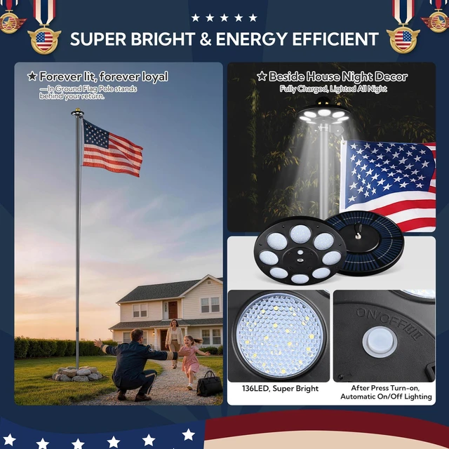 Alt view image 2 of 7 - Yescom Bravery 20ft Black Aluminum In-Ground Flagpole Kit with Solar Light, Halyard Pulley System & 20" PVC Sleeve for Residential Yard
