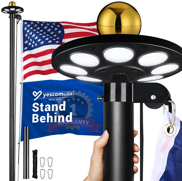 Main image of Yescom Bravery 20ft Black Aluminum In-Ground Flagpole Kit with Solar Light, Halyard Pulley System & 20" PVC Sleeve for Residential Yard