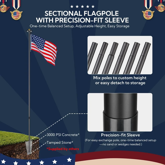 Alt view image 5 of 7 - Yescom Bravery 20ft Black Aluminum In-Ground Flagpole Kit with Solar Light, Halyard Pulley System & 20" PVC Sleeve for Residential Yard