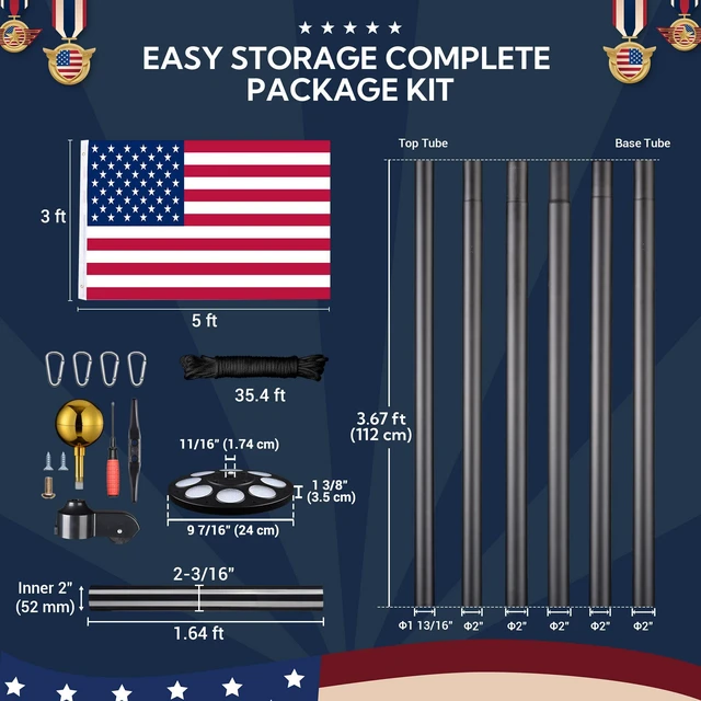 Alt view image 7 of 7 - Yescom Bravery 20ft Black Aluminum In-Ground Flagpole Kit with Solar Light, Halyard Pulley System & 20" PVC Sleeve for Residential Yard