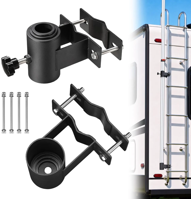 Main image of Yescom RV Ladder Flagpole Mount for 0.8"-4" Railings, No-Drill Clamp Holder, 3 Adapters Fits 1" to 2.36" OD Poles, Sponge Pad Protection & Anti-Wobble Adapter, Black