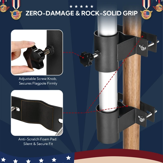 Alt view image 3 of 7 - Yescom RV Ladder Flagpole Mount for 0.8"-4" Railings, No-Drill Clamp Holder, 3 Adapters Fits 1" to 2.36" OD Poles, Sponge Pad Protection & Anti-Wobble Adapter, Black