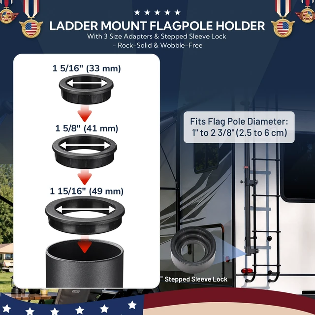 Alt view image 4 of 7 - Yescom RV Ladder Flagpole Mount for 0.8"-4" Railings, No-Drill Clamp Holder, 3 Adapters Fits 1" to 2.36" OD Poles, Sponge Pad Protection & Anti-Wobble Adapter, Black