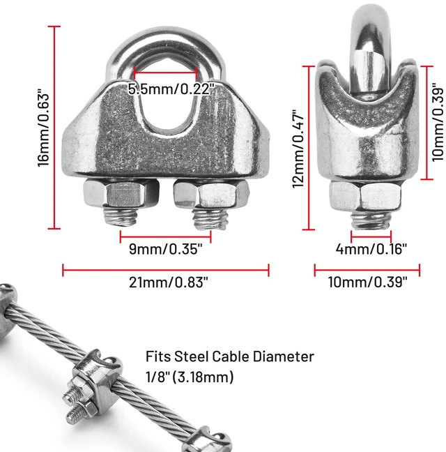 Alt view image 2 of 6 - Yescom 18-pack M3 1/8-in Cable Clamp Wire Rope Clips 304 Stainless Steel Rigging Hardware Saddled Fasteners for Batting Cage Baseball Field Equipment