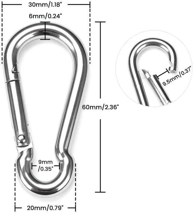 Alt view image 4 of 7 - Yescom 30-Pack M6 Spring Snap Hooks 304 Stainless Steel Carabiner Clips, 2-3/8-in Silver Smooth Spring Gate for Outdoor Hammock Swing and Travel