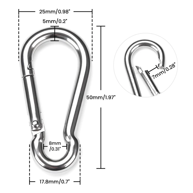 Alt view image 4 of 6 - Yescom 30-Pack M5 Spring Snap Hooks 304 Stainless Steel Carabiner Clips, 2-in Silver Smooth Spring Gate for Outdoor Hammock Swing and Travel