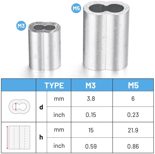 Alt view image 3 of 6 - Yescom 100-Pack 3/16-in Cable Ferrules M5 Wire Rope Crimping Loop Sleeves, Cable Crimps Secure Aluminum Crimping Fittings for Hanging