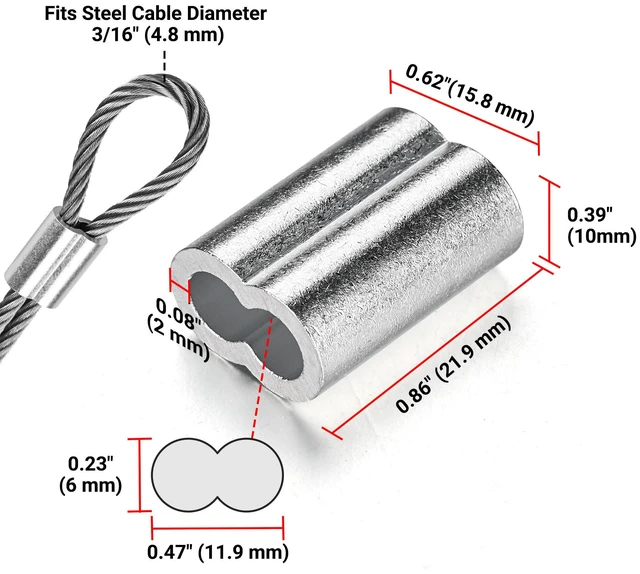 Alt view image 4 of 6 - Yescom 100-Pack 3/16-in Cable Ferrules M5 Wire Rope Crimping Loop Sleeves, Cable Crimps Secure Aluminum Crimping Fittings for Hanging