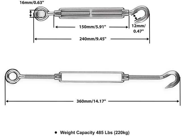 Alt view image 3 of 7 - Yescom 3/8-in M10 Hook and Eye Turnbuckle - Heavy-Duty 304 Stainless Steel 661-lb WLL Cable Tensioner Hardware for Batting Cage Hanging