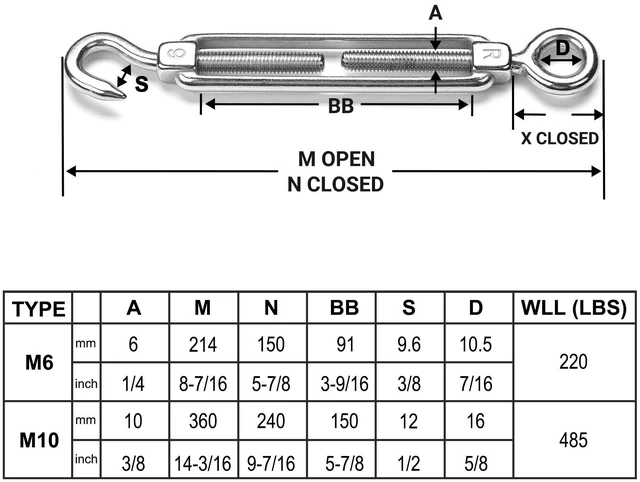 Alt view image 4 of 7 - Yescom 3/8-in M10 Hook and Eye Turnbuckle - Heavy-Duty 304 Stainless Steel 661-lb WLL Cable Tensioner Hardware for Batting Cage Hanging