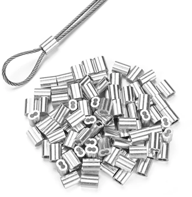 Main image of Yescom 100-Pack 1/8-in Cable Ferrules M3 Wire Rope Crimping Loop Sleeves, Cable Crimps Secure Aluminum Crimping Fittings for Hanging