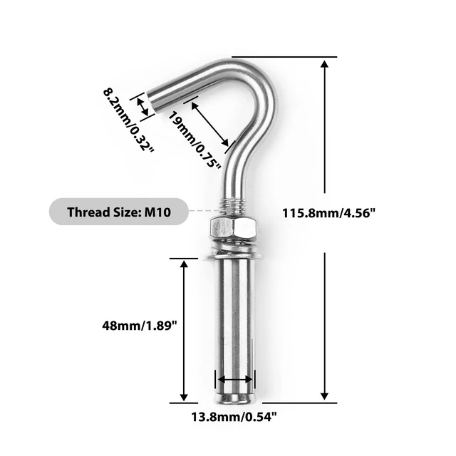 Alt view image 3 of 7 - Yescom 6-Pack M10 Concrete Wall Hook Expansion Anchors, Heavy-Duty 304 Stainless Steel for Batting Cage Baseball Field Equipment Net Hanging