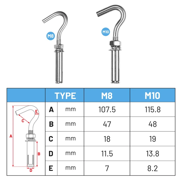 Alt view image 4 of 7 - Yescom 6-Pack M10 Concrete Wall Hook Expansion Anchors, Heavy-Duty 304 Stainless Steel for Batting Cage Baseball Field Equipment Net Hanging