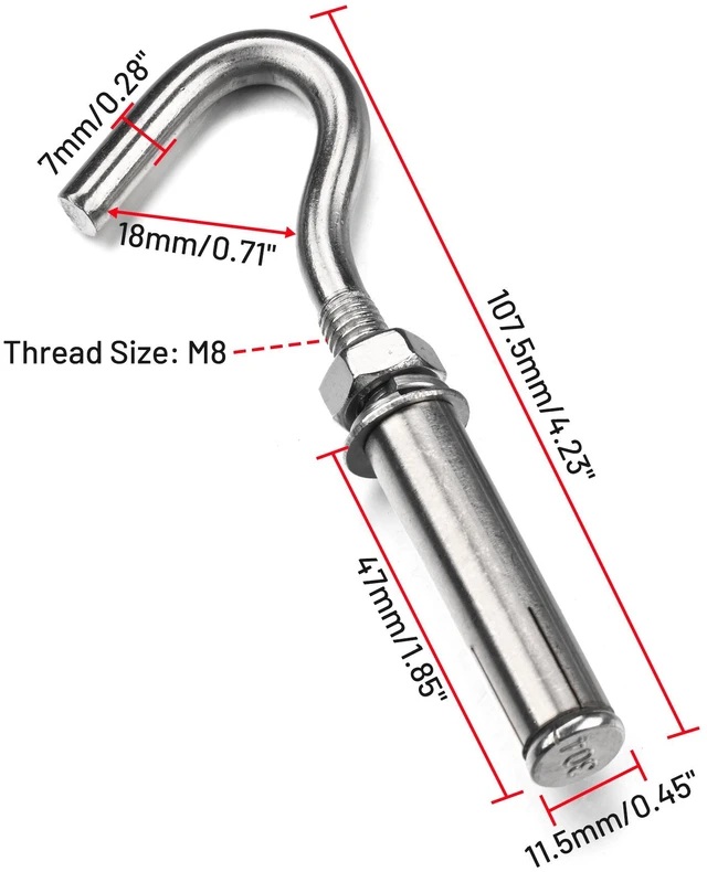 Alt view image 3 of 7 - Yescom 6-Pack M8 Concrete Wall Hook Expansion Anchors, 304 Stainless Steel for Backyard Sports Net Hanging String Lights Patio Sun Shade Sails