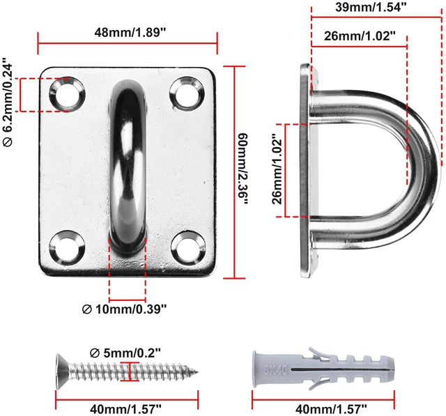 Alt view image 5 of 7 - Yescom 6-Pack 3/8-in M10 Oblong 4-Hole Pad Eye Plate Hooks with Tapping Screws, Heavy-Duty 304 Stainless Steel 617-lb WLL Fasteners for Hanging