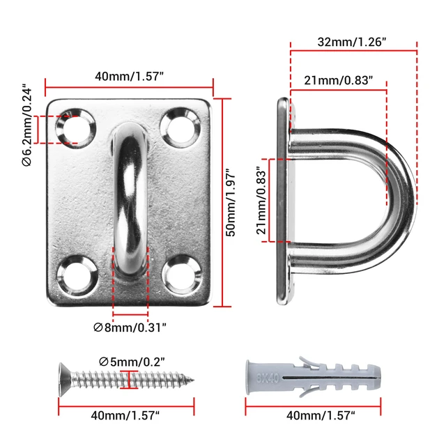 Alt view image 5 of 7 - Yescom 6-Pack 5/16-in M8 Oblong 4-Hole Pad Eye Plate Hooks with Tapping Screws, Heavy-Duty 304 Stainless Steel 396-lb WLL Fasteners for Hanging