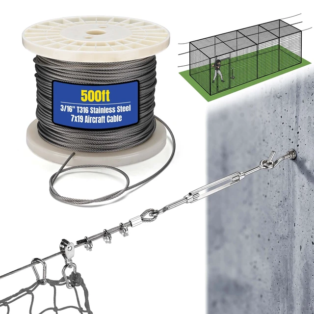 Main image of Yescom 500" 3/16" 316 Stainless Steel Batting Cage Cable Tension Kit with Concrete Wall Hooks and 304 Hardware, Baseball Field Equipment Net Hanging