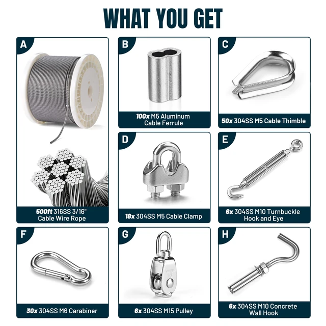 Alt view image 2 of 7 - Yescom 500" 3/16" 316 Stainless Steel Batting Cage Cable Tension Kit with Concrete Wall Hooks and 304 Hardware, Baseball Field Equipment Net Hanging